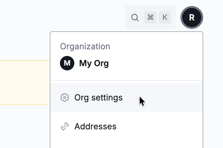 Organization menu in sidebar